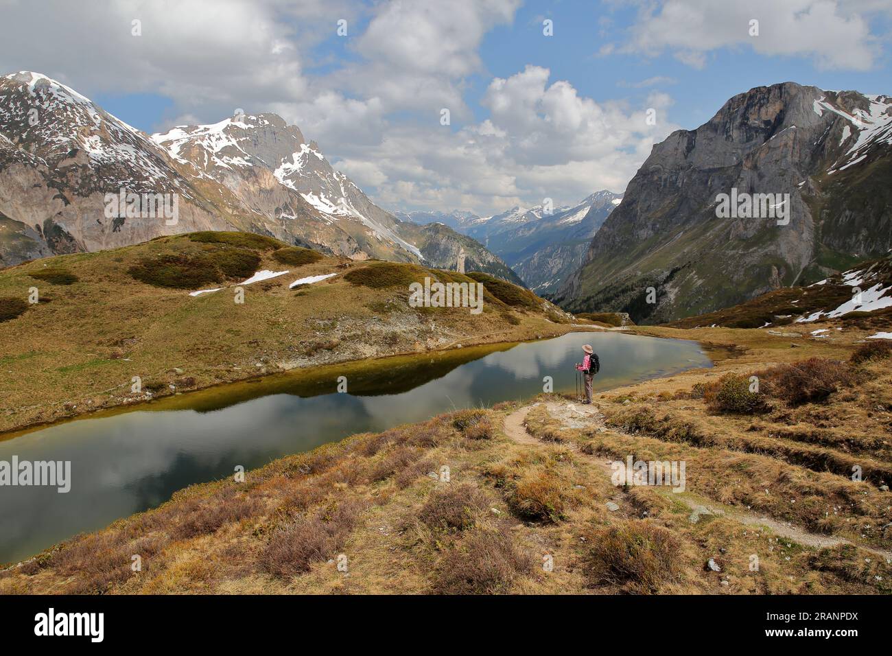 Panoramablick vom Lac du Clou (Clou-See) über dem Chaviere-Tal, Pralognan la Vanoise, den französischen Alpen, Tarentaise, Savoie, Frankreich Stockfoto