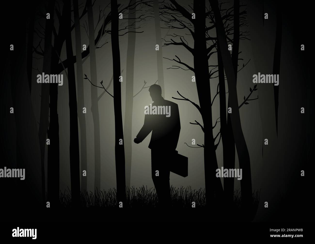 Silhouette eines Mannes mit Koffer, der im dunklen Wald spazieren geht, verloren, verwirren, Krisenkonzept Stock Vektor