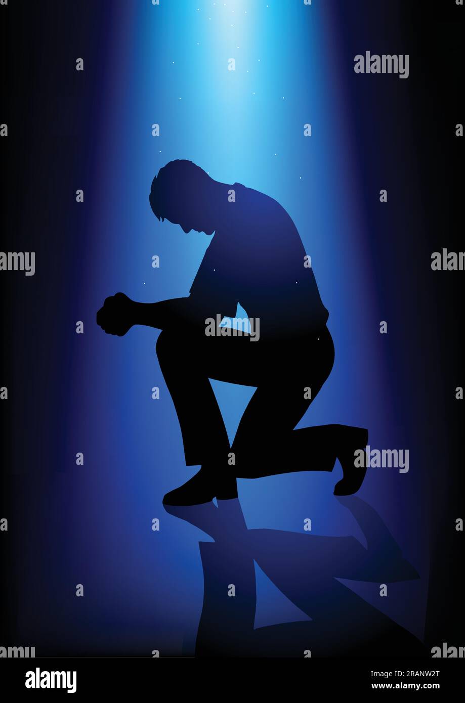 Silhouettendarstellung eines Mannes, der unter friedlichem blauem Licht betet Stock Vektor