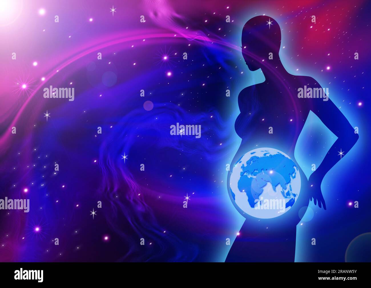 Silhouette einer schwangeren weiblichen Figur mit dem Planeten Erde in ihrem Mutterleib Stockfoto
