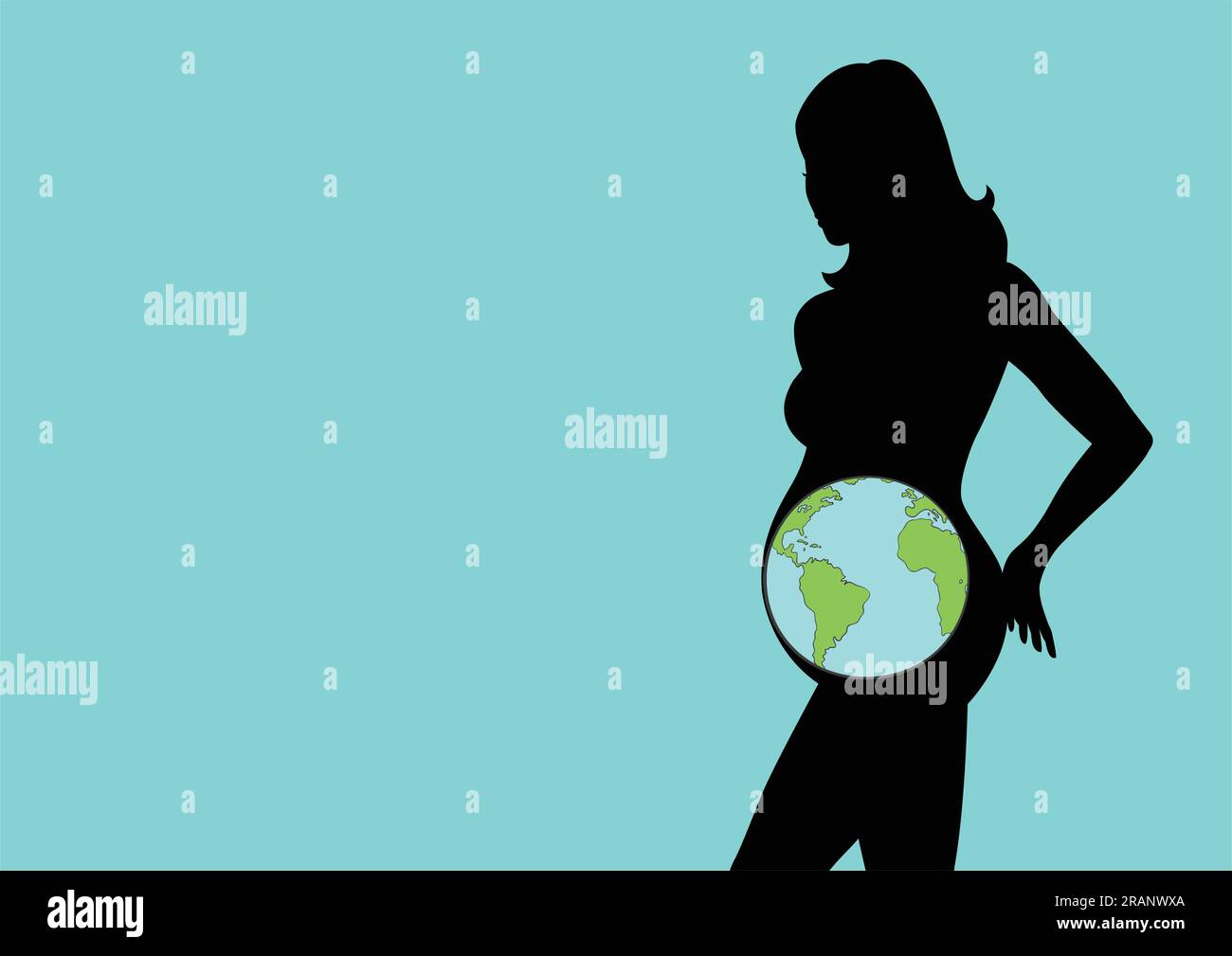 Silhouettendarstellung einer schwangeren weiblichen Figur mit dem Planeten Erde im Mutterleib Stock Vektor