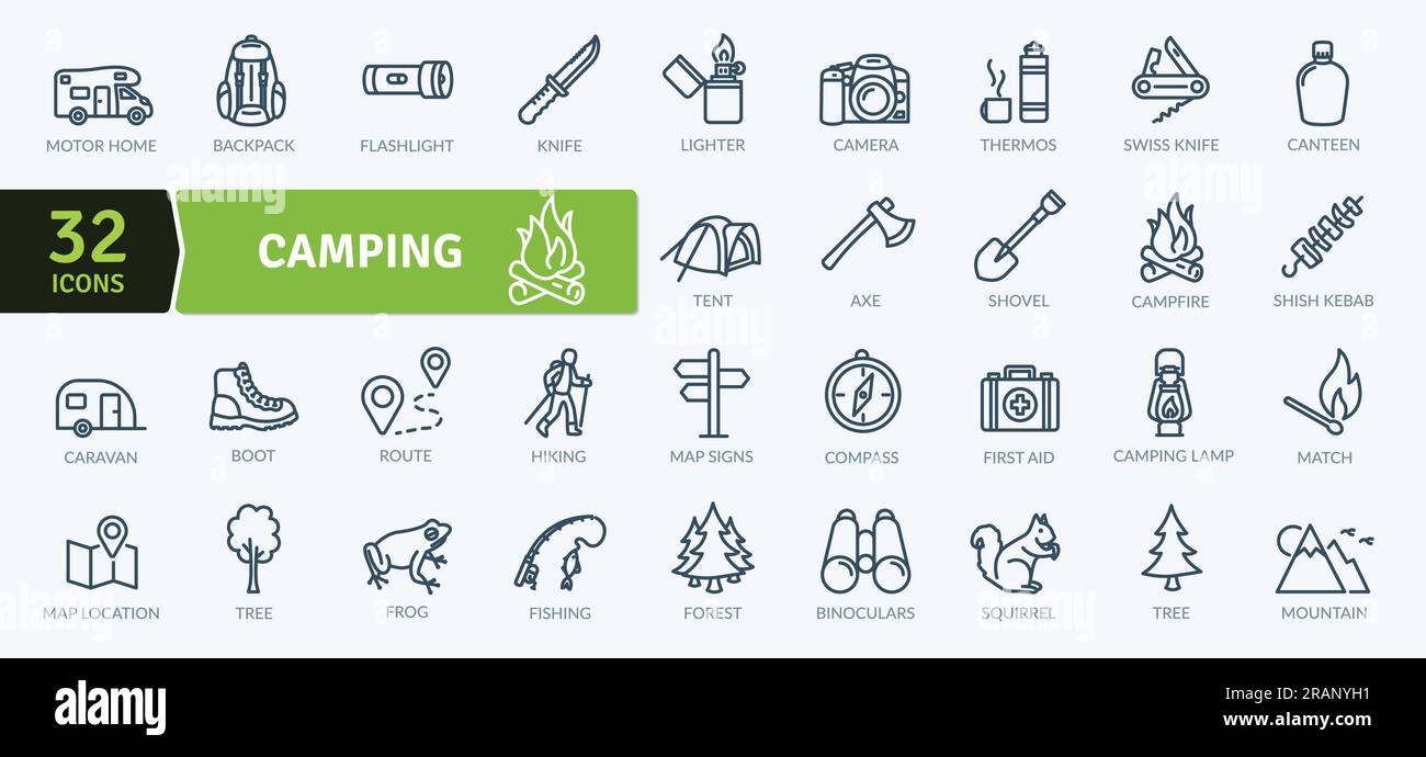 Camping-Icons-Pack. Symbole für dünne Linien festgelegt. Einfache Vektorsymbole Stock Vektor