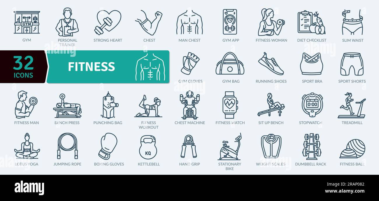 Fitness- und Wellness-Icons-Paket. Symbolsammlung mit dünnen Linien. Symbolgruppe für Outline Web Stock Vektor