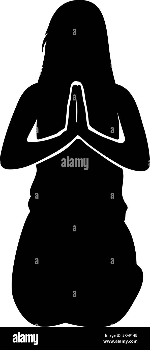 Silhouette einer Frau, die auf den Knien sitzt und betet. Vorderansicht Stock Vektor