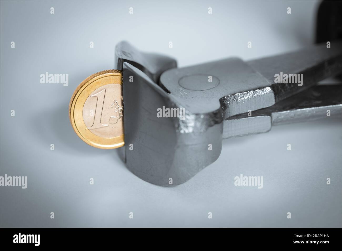 Eine Zange, die in eine Euro-Münze beißt, das Konzept der wirtschaftlichen Inflation, die die Kaufkraft verringert. Stockfoto