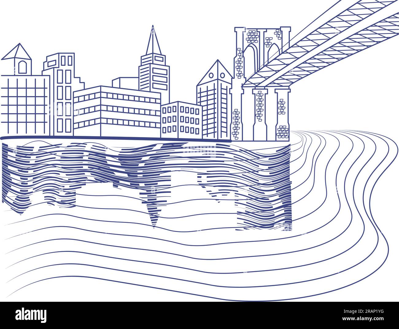 Umreißen Sie die städtische Landschaft in der Nähe des Flusses mit Silhouetten von Gebäuden und Brücken, die auf transparentem Hintergrund zeichnen Stock Vektor