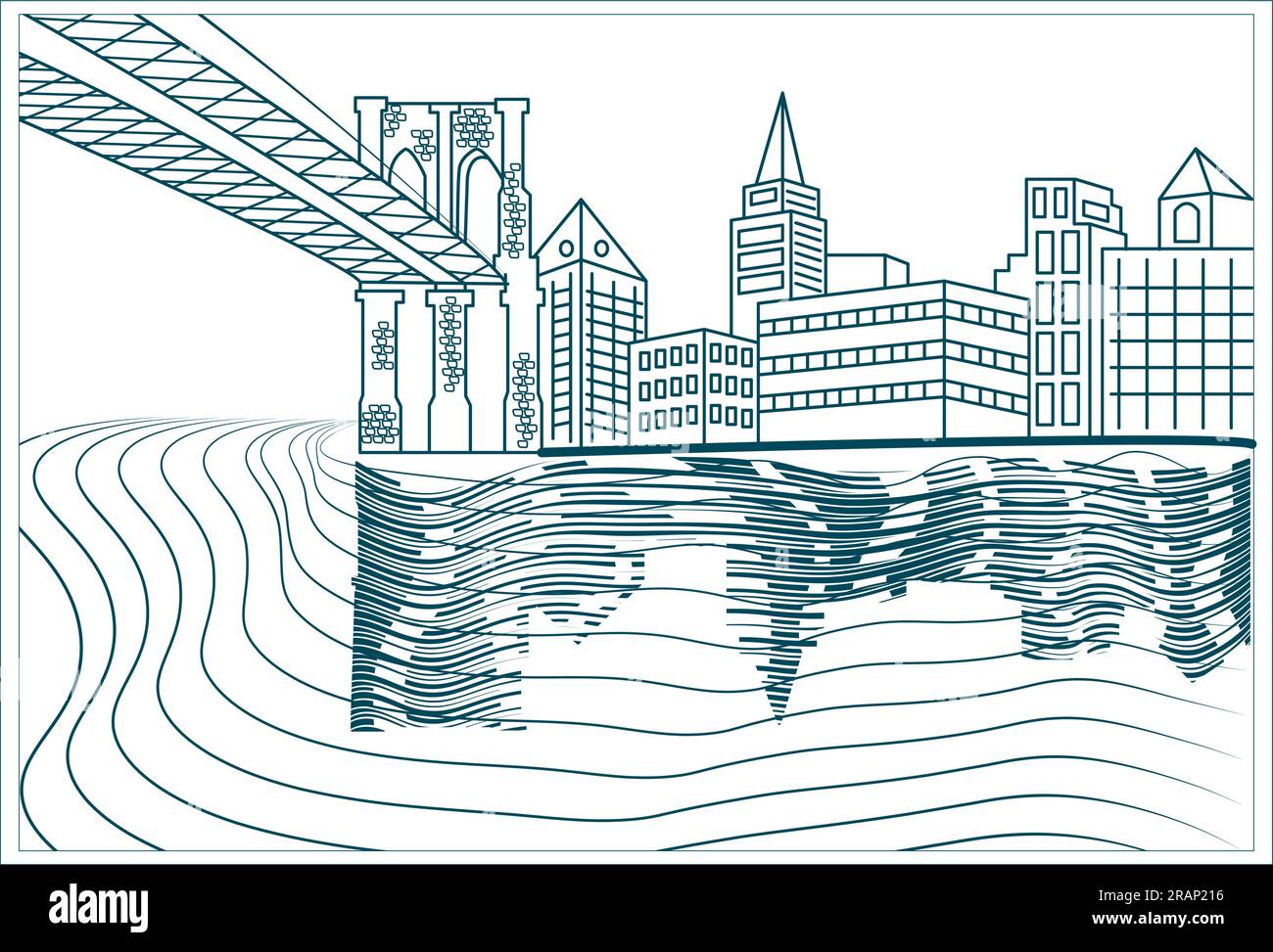 Formen Sie die Landschaft des städtischen Gebiets in Flussnähe mit Silhouetten von Gebäuden und Brücken auf transparentem Hintergrund Stock Vektor