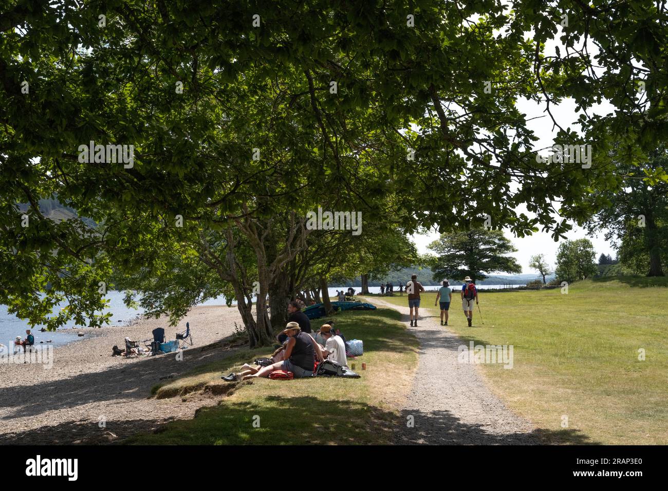 Menschen, die die Sommersonne am See im englischen Lake District genießen Stockfoto