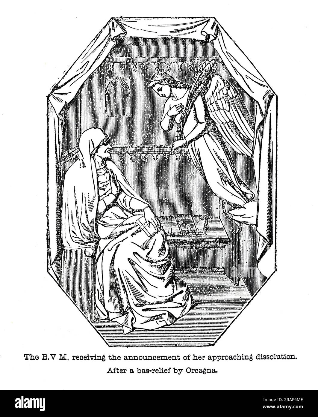 Die Heilige Jungfrau Maria erhielt die Ankündigung ihrer bevorstehenden Auflösung. Nach einer Erleichterung durch Orcagna. Gravur aus dem Leben der Heiligen von Sabin Baring-Gould. Stockfoto