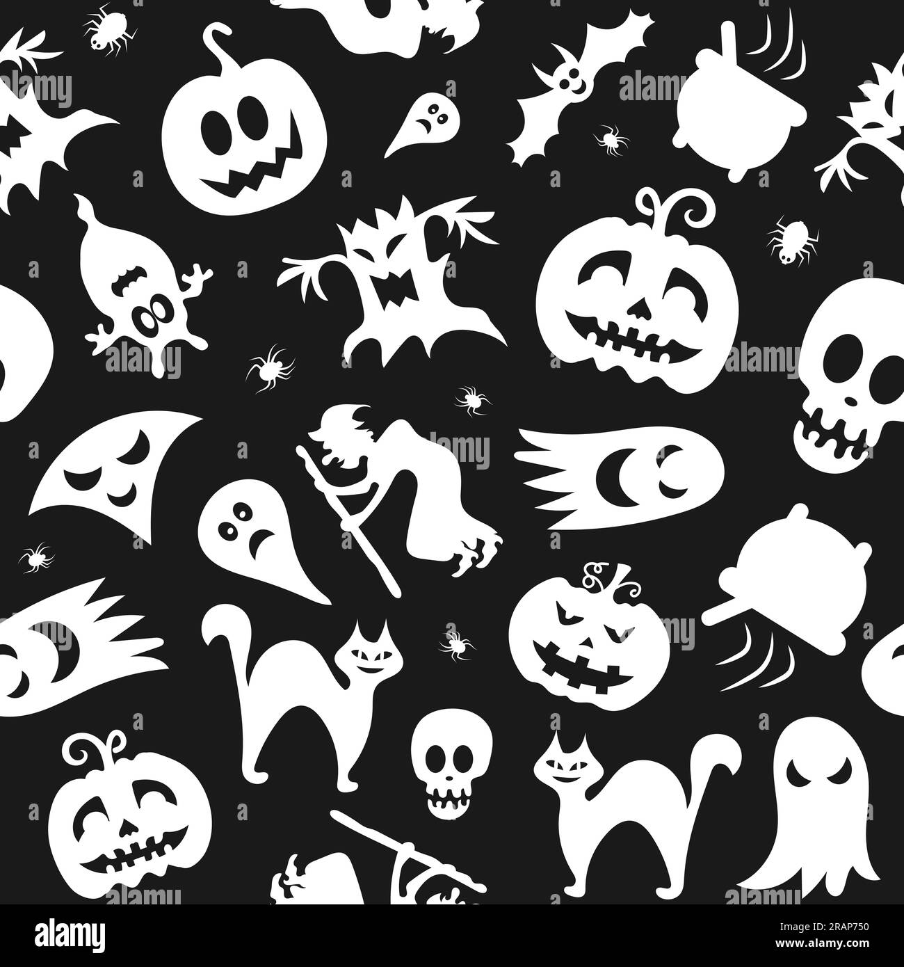 Nahtloses Vektormuster für Halloween-Design. Halloween-Symbole: geist, Fledermaus, Kürbis im Cartoon-Stil. Vektordarstellung Stock Vektor