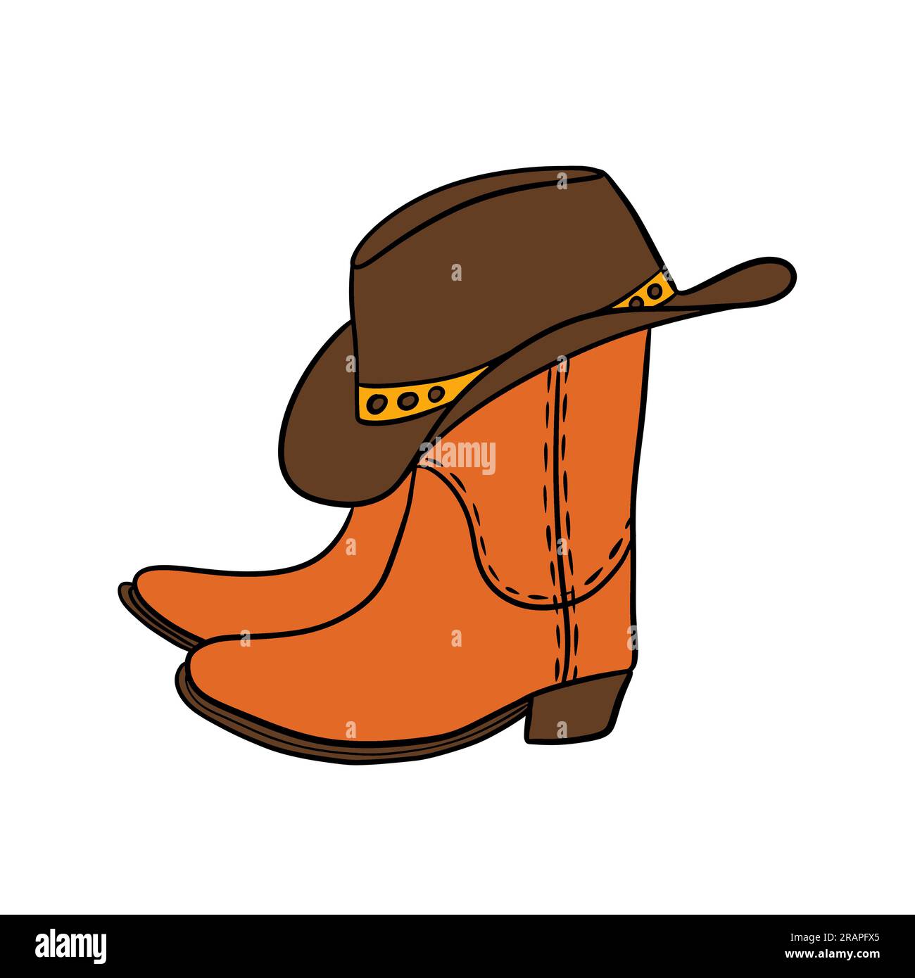 Handgezeichnete Illustration orangefarbener Cowboy Cowgirl Stiefel brauner Hut im westlichen Südwest-Stil. Schwarze Linie mit Ranch-Abenteuer-Design, wilder westamerikanischer Druck, farbenfrohe Cartoon-Schuhe Stockfoto