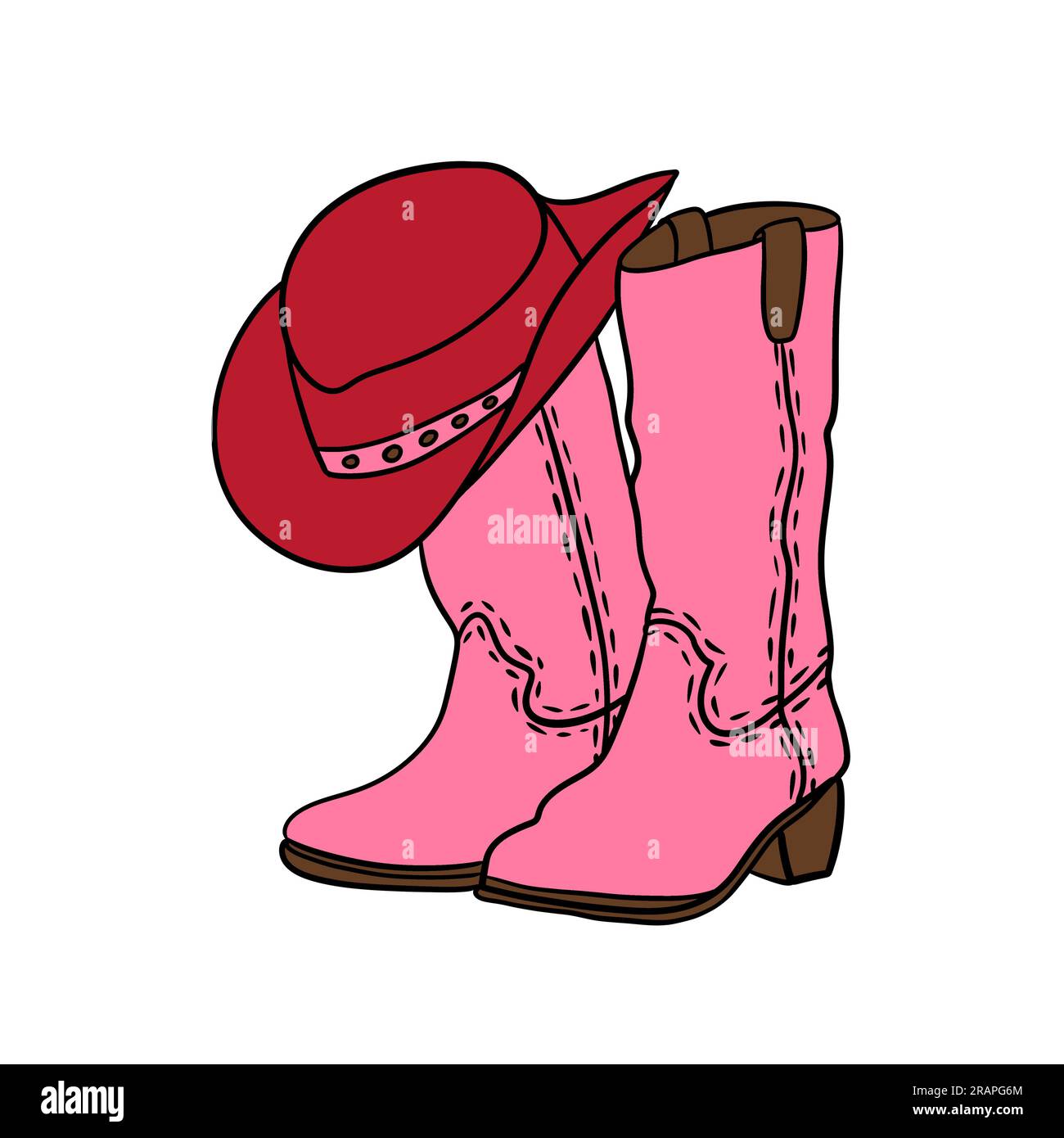 Handgezeichnete Illustration von pinkfarbenen Cowboy Cowgirl Stiefeln roter Hut im westlichen Südwest-Stil. Schwarze Linie mit Ranch-Abenteuer-Design, wilder westamerikanischer Druck, farbenfrohe Cartoon-Schuhe Stockfoto