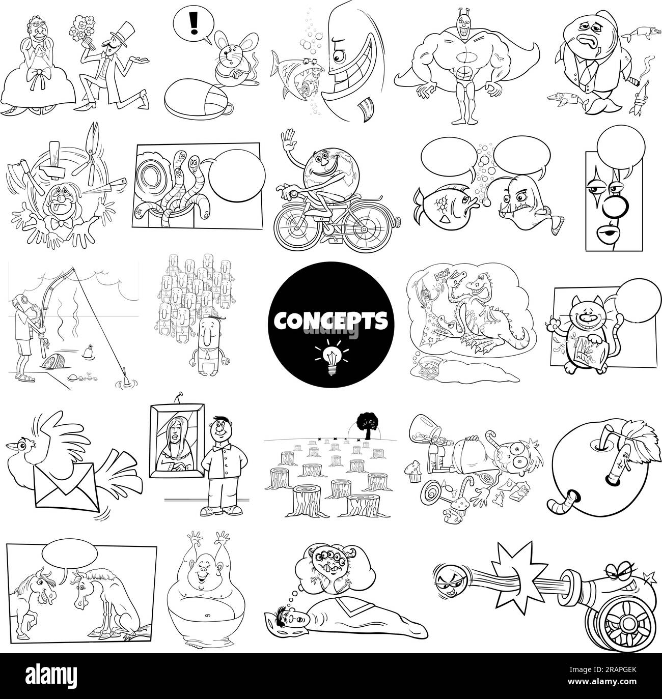 Schwarz-weiß-Abilustrationsset mit humorvollen Cartoon-Konzepten oder Metaphern und Ideen mit Comic-Charakteren Stock Vektor