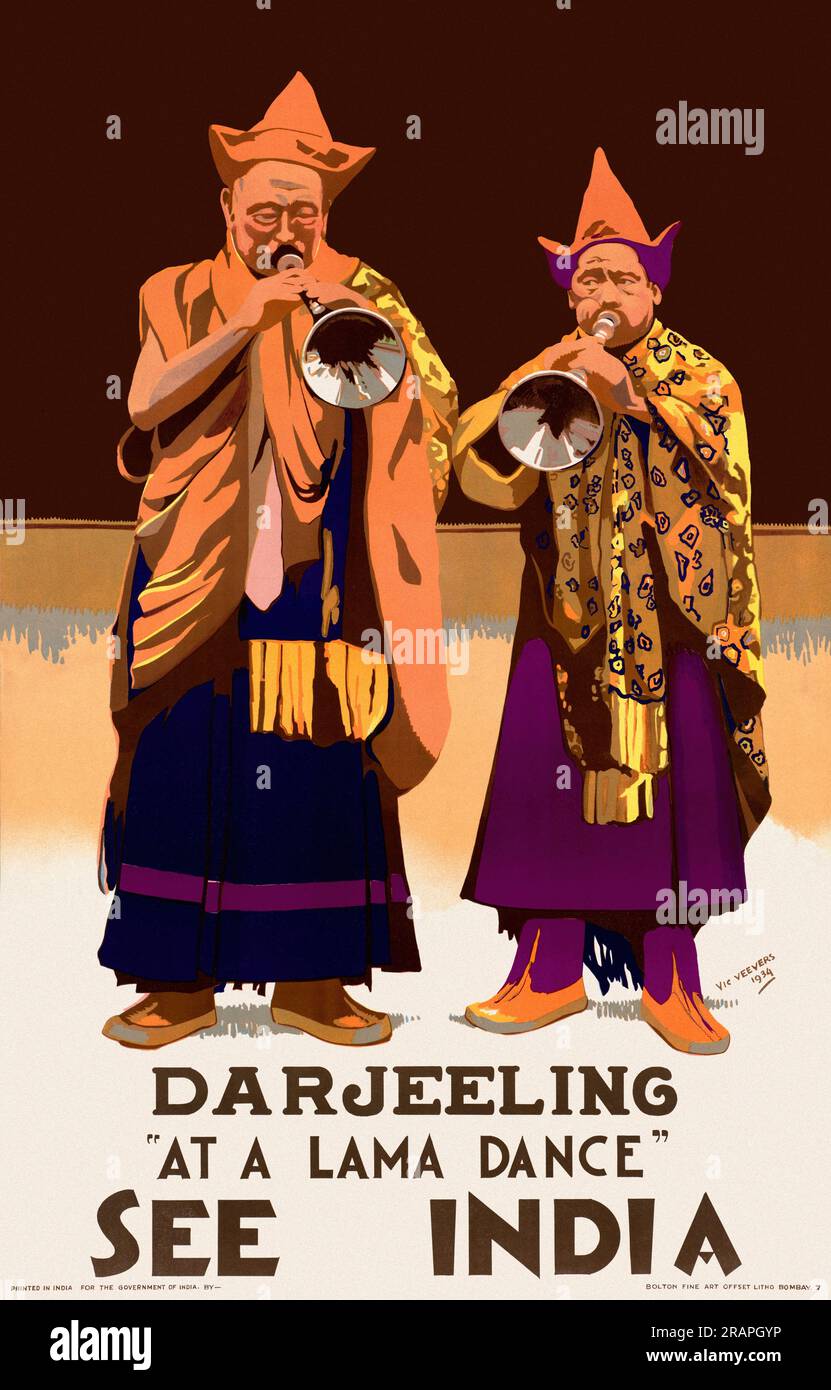 Siehe Indien. Darjeeling. Bei einem lama-Tanz von Vic Veevers (Termine unbekannt). Poster veröffentlicht 1934. Stockfoto