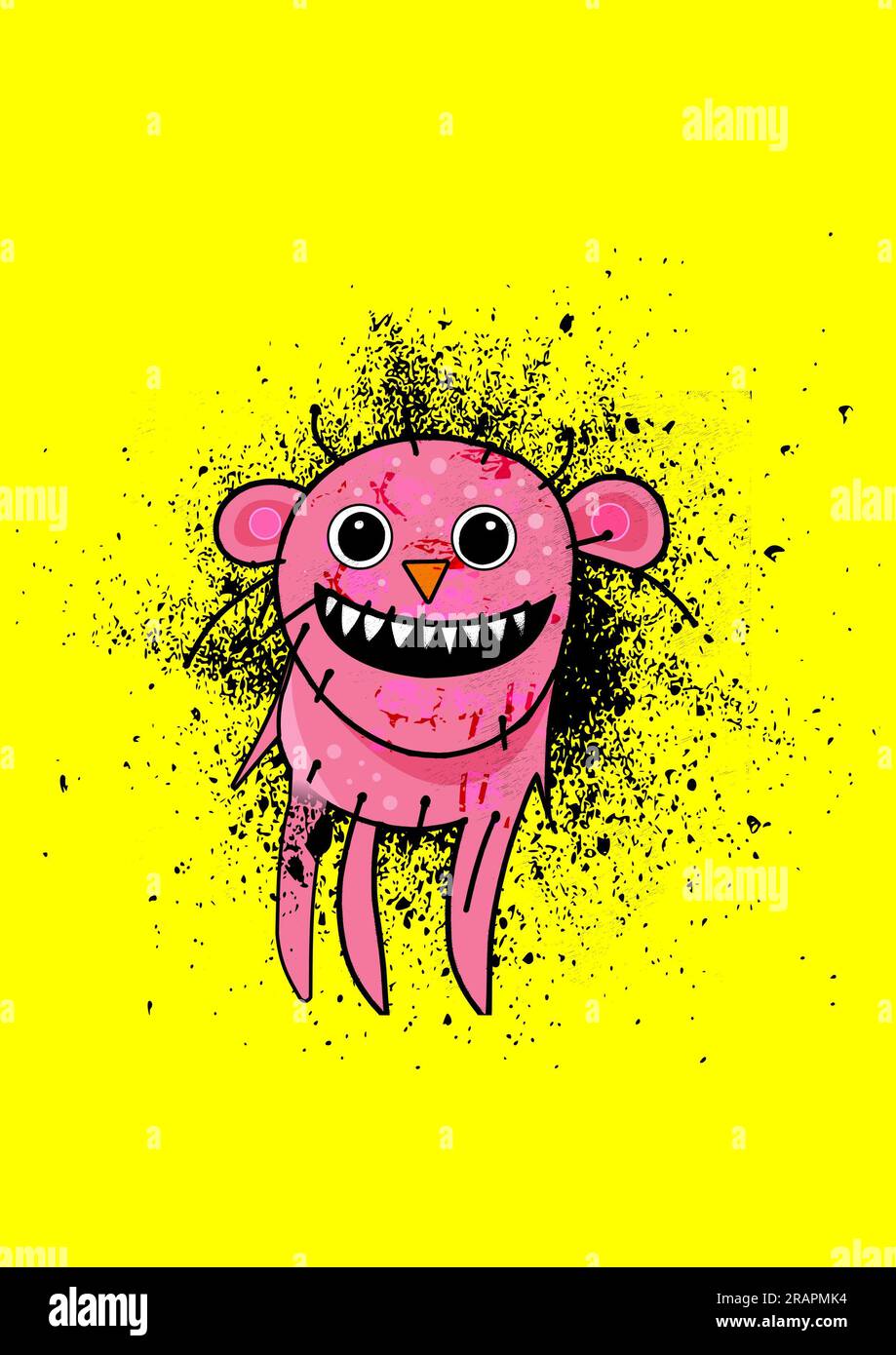 Lustige, freundliche rosa Kreatur/Monster, die laut lacht, mit einem breiten Lächeln auf gelbem Hintergrund Stockfoto