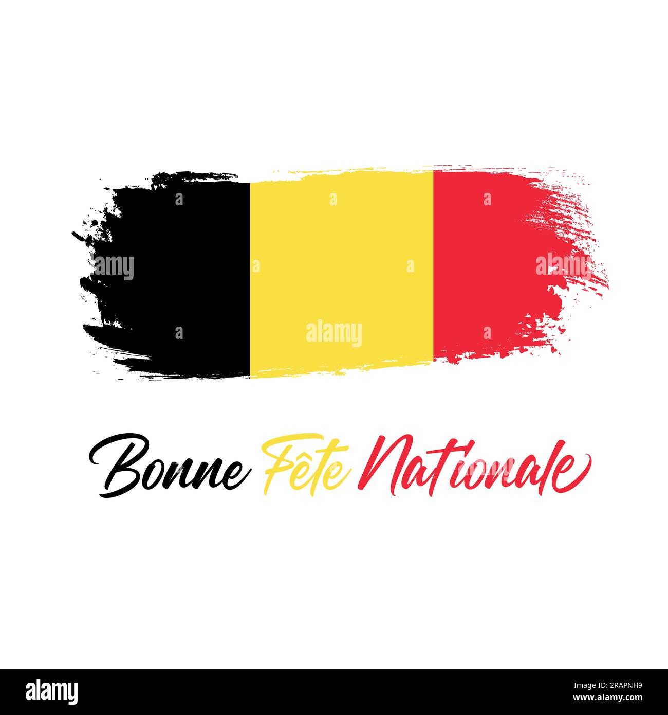 Kreatives Logo der belgischen Flagge. Bonne Fete Nationale französischer Text - Happy National Day greetings. Grafik-T-Shirt, Geschenkdesign-Elemente, Pinselstrich Stock Vektor
