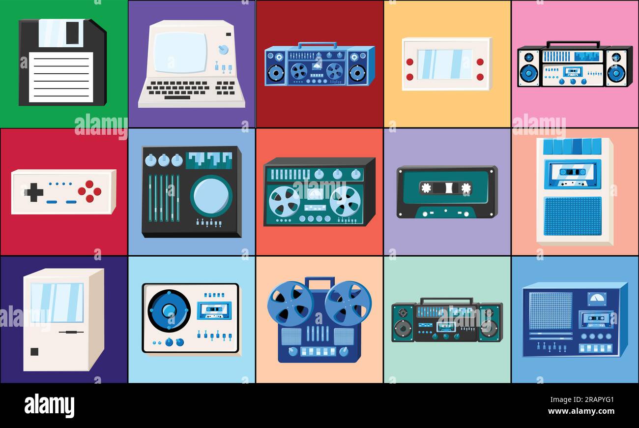 Ikonensatz alte Retro-Hipster-Elektronik: Kassettenrekorder, Computer, Spielekonsolen für Videospiele aus den 70s, 80s und 90s Jahren. Stock Vektor