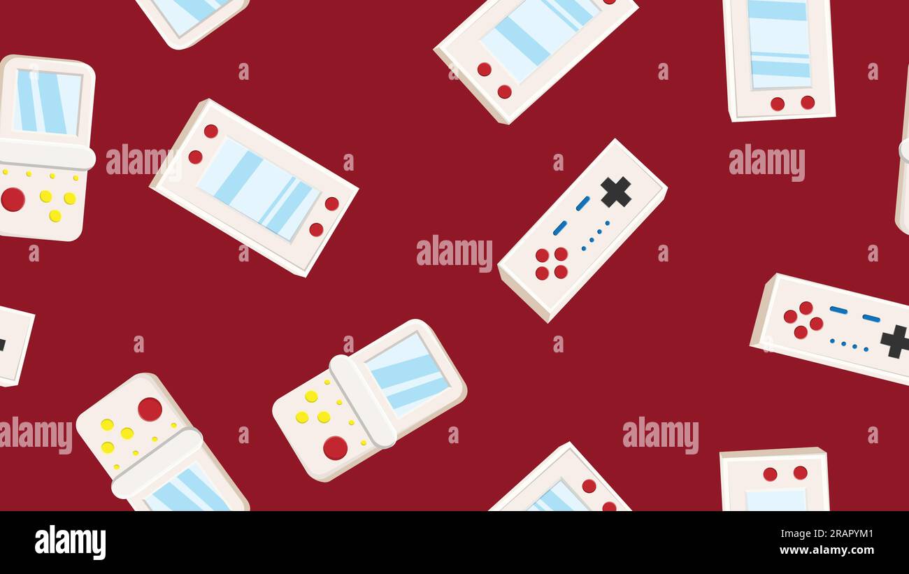 Nahtloses Muster endlos mit tragbaren Spielkonsolen und Joysticks, elektronischem Spielzeug, altem Retro-Hipster aus den Jahren 70s, 80s und 90s isoliert auf rotem Backg Stock Vektor