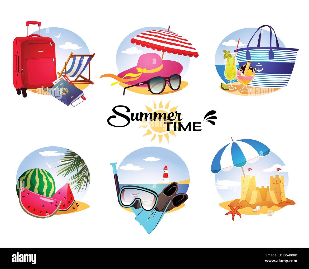 Set aus sonnigen Sommerkarten und -Ikonen Stock Vektor