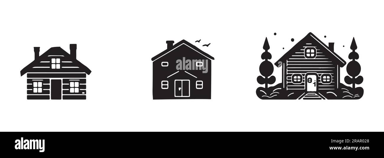 Eine Reihe von Vektordarstellungen für Holzhütten und Tannenbäume. Maskuline Outdoor-Reise im nordischen Linocut-Chalet in skandinavischer Urlaubsgruppe Stock Vektor