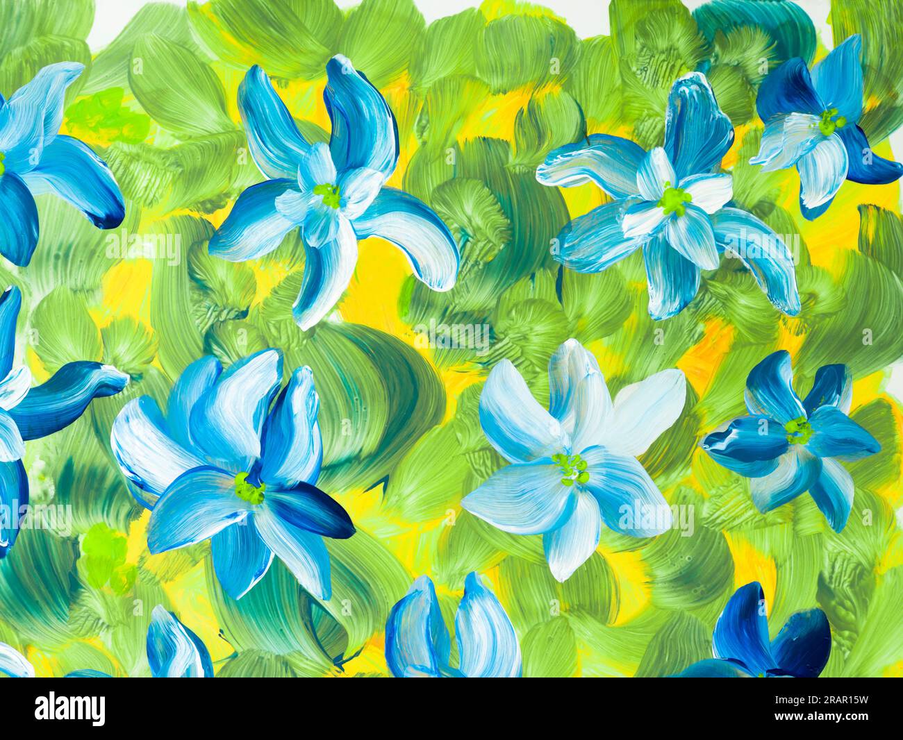 Abstrakte blaue Blumen auf Grün, originell handgezeichnet, impressionistischer Stil, Farbstruktur, Pinselstriche von Farbe, Kunsthintergrund. Moderne Kunst. Contempo Stockfoto