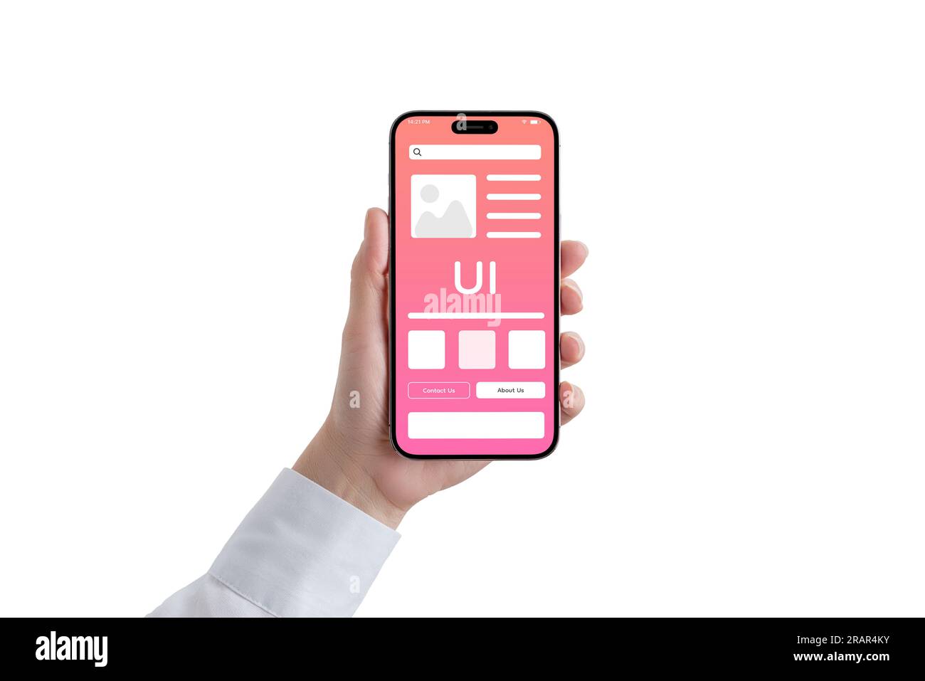 Frauenhand hält ein Telefon mit einer konzeptionellen Benutzeroberfläche. Die Oberfläche zeigt ein modernes Design mit schlanken Elementen. Isolierte Hand und Smartphone an Stockfoto