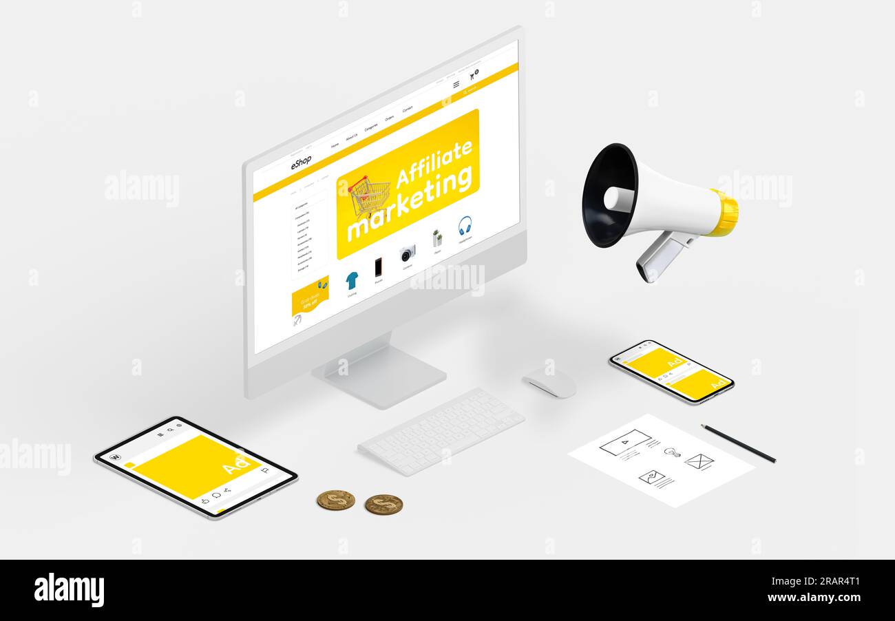 Affiliate-Marketingkonzept mit E-Commerce-Seite auf Computerdisplay und Anzeigen in sozialen Netzwerken auf Mobilgeräten. Isometrische Zusammensetzung Stockfoto
