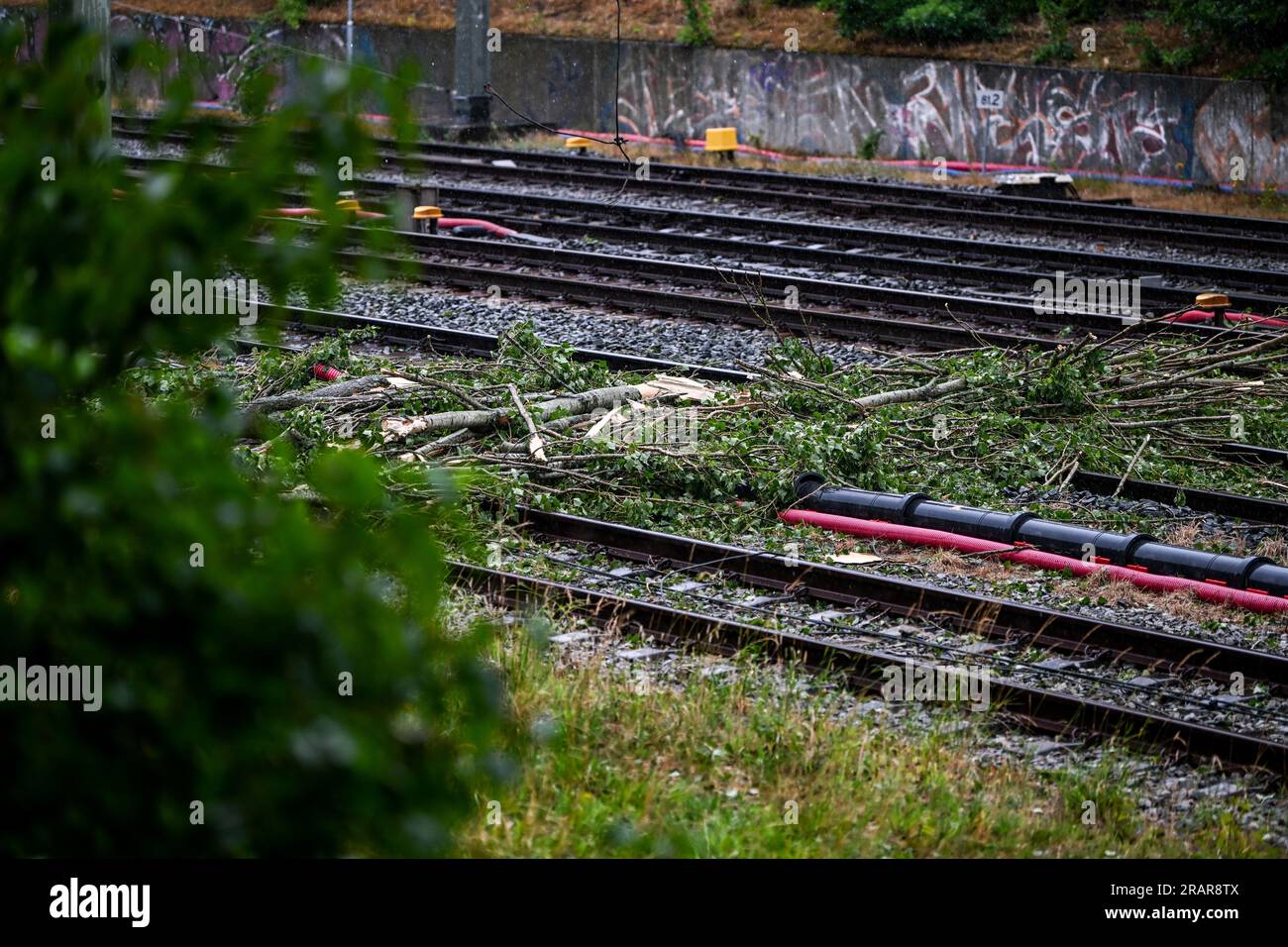 GRONINGEN - Schäden an der Schiene und eine kaputte Oberleitung aufgrund eines Baumsturzes durch den Sturm Poly. Die NS und ProRail berücksichtigen, dass die Eisenbahnschienen in den Niederlanden durch den Sturm Poly stark beschädigt wurden und dass die Reparatur beschädigter Gleise und Überlandleitungen viel Zeit in Anspruch nehmen wird. ANP DENNIS VENEMA niederlande raus - belgien raus Stockfoto