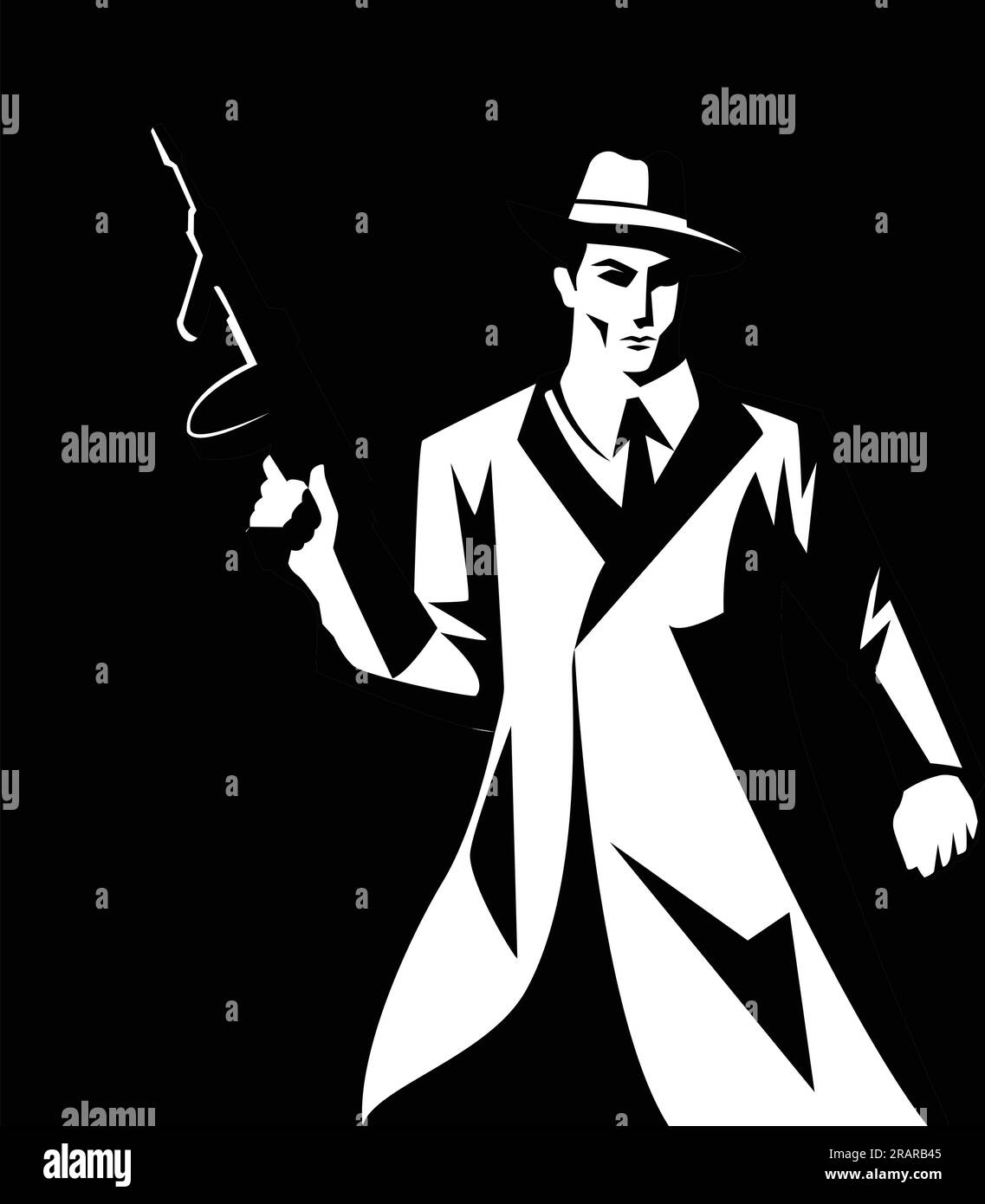 Schwarz-weiße Darstellung eines Mannes, der Maschinenpistole, Gangster, Mobster, Mafiasymbol hält Stock Vektor