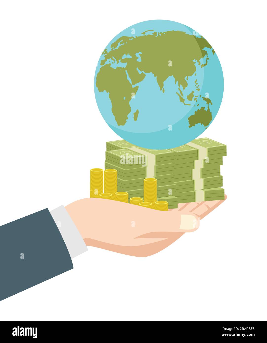 Grafische Darstellung von Hand, die Geld und Erdkugel hält, Wirtschaft, Reichtum, Erfolg, Kapitalist, Kapitalismuskonzept Stock Vektor