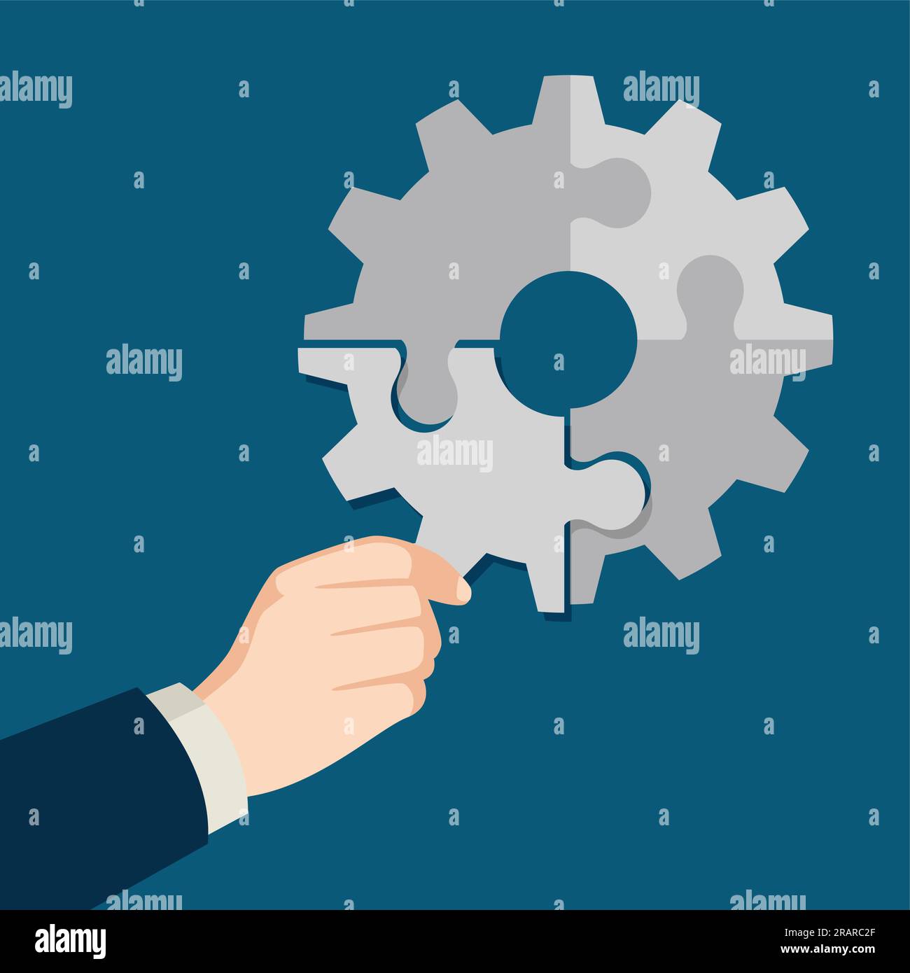 Abbildung: Die Hand des Geschäftsmannes, die das letzte Puzzleteil hält, das ein Getriebe-, Geschäfts-, Kompletts-, Fertigungs- und Lösungskonzept bildet Stock Vektor