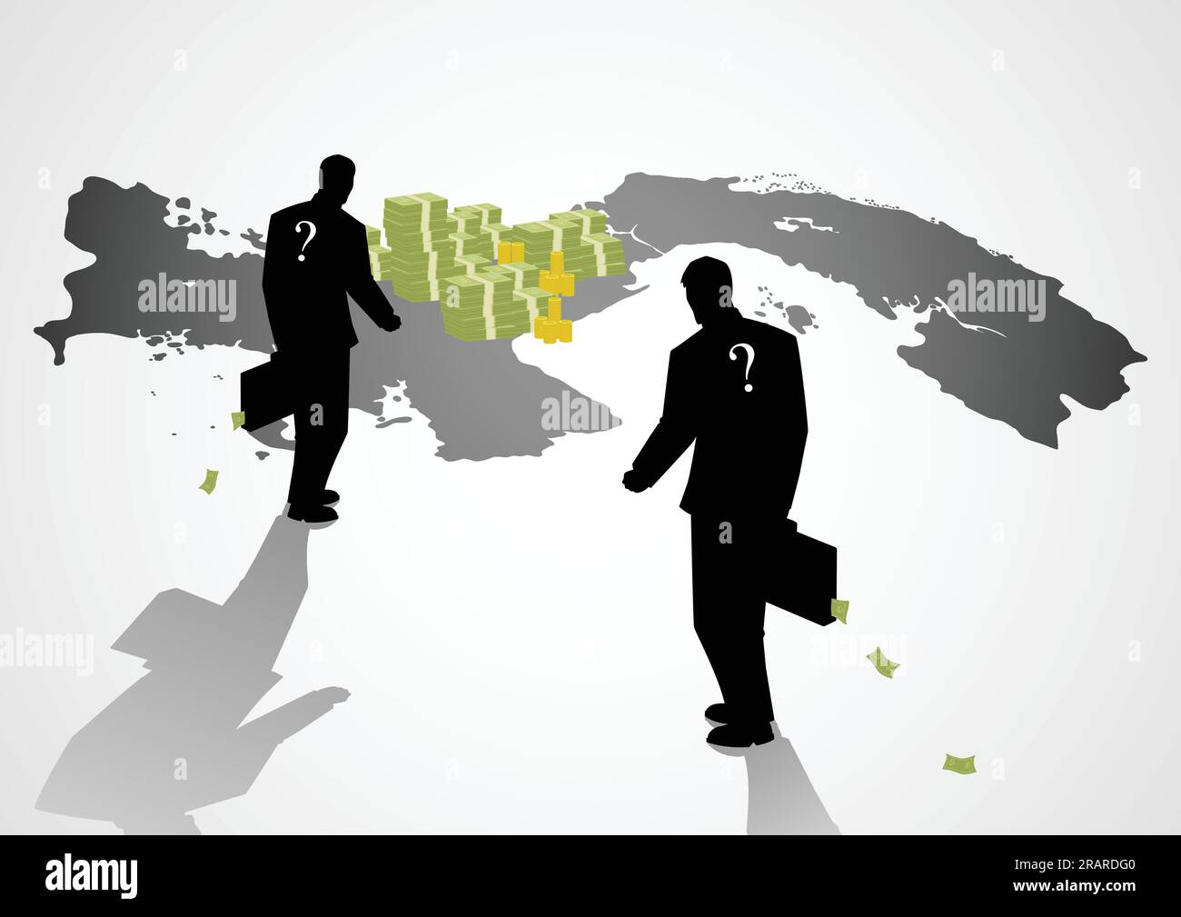 Silhouettendarstellung eines Geschäftsmannes mit Koffer, der auf die Karte von Panama, Panama-Papieren, Skandal, Korruptionskonzept läuft Stock Vektor