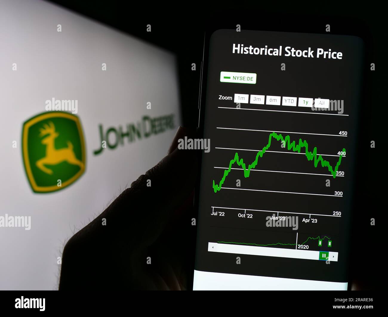 Person, die ein Mobiltelefon mit einer Website der US-amerikanischen Deere Company (John Deere) auf dem Bildschirm vor dem Logo hält. Konzentrieren Sie sich auf die Mitte des Telefondisplays. Stockfoto