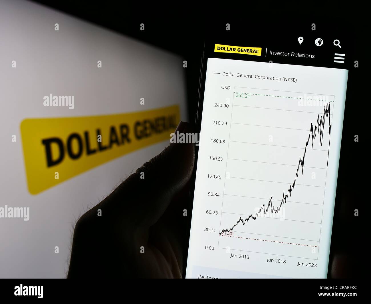 Person mit Smartphone und Webseite des US-Einzelhandelsunternehmens Dollar General Corporation auf dem Bildschirm mit Logo. Konzentrieren Sie sich auf die Mitte des Telefondisplays. Stockfoto