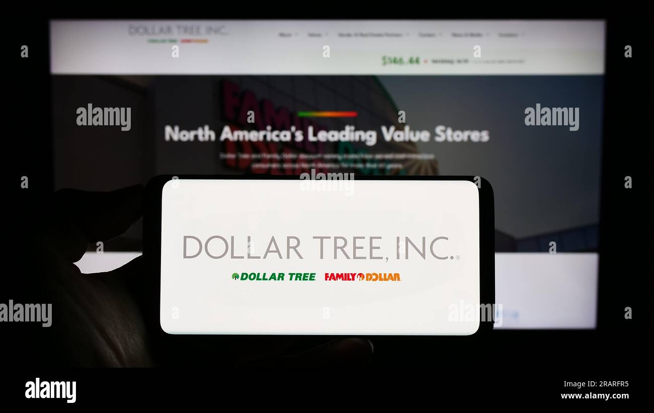 Person, die ein Smartphone mit dem Logo des US-amerikanischen Discount-Einzelhandelsunternehmens Dollar Tree Inc. Auf dem Bildschirm vor der Website hält. Konzentrieren Sie sich auf das Display des Telefons. Stockfoto