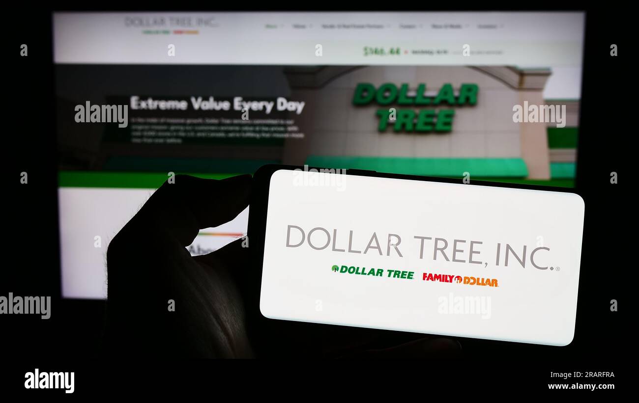 Person, die ein Mobiltelefon mit dem Logo des US-amerikanischen Discount-Einzelhandelsunternehmens Dollar Tree Inc. Auf dem Bildschirm vor der Unternehmenswebseite hält. Konzentrieren Sie sich auf das Display des Telefons. Stockfoto