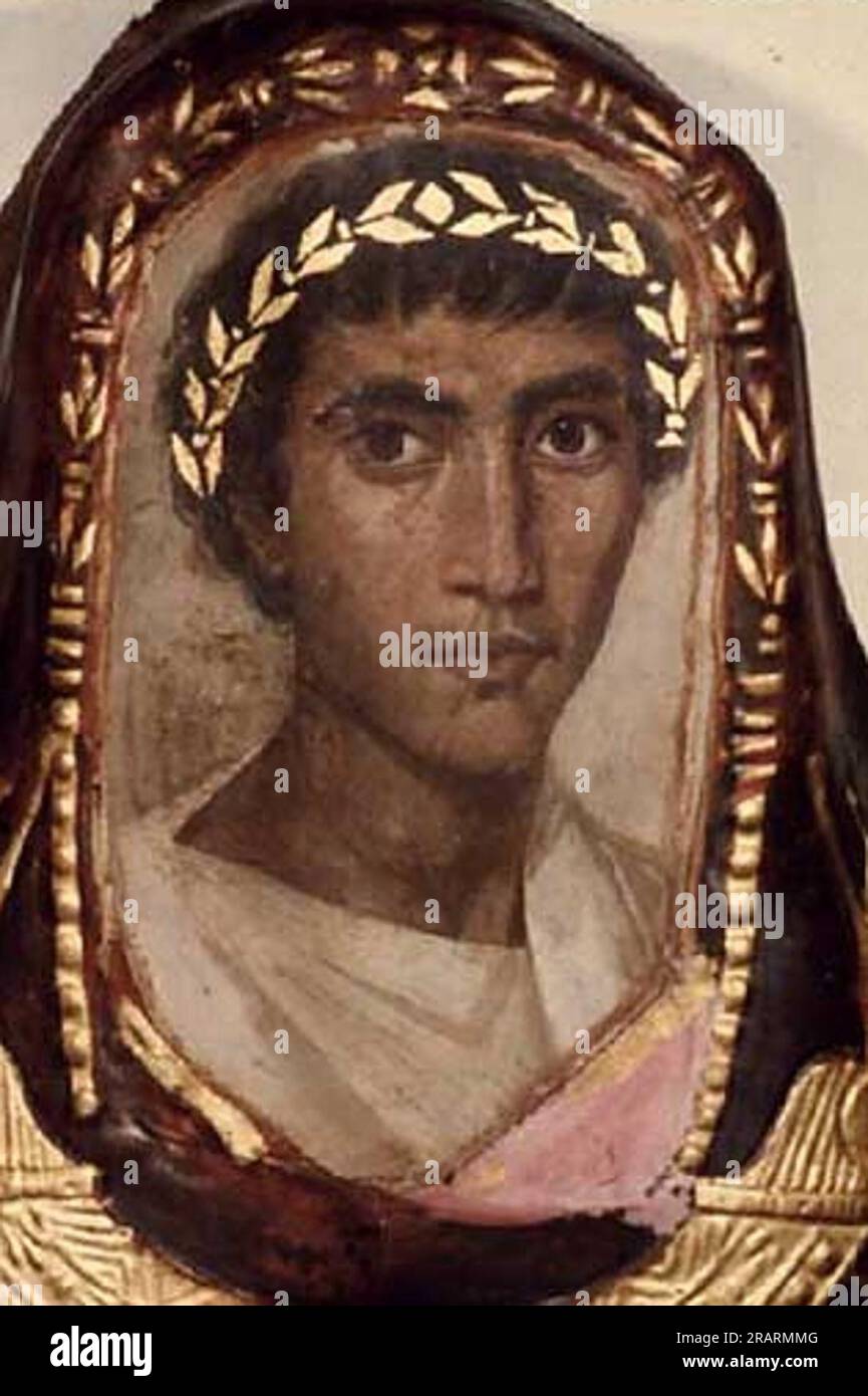 Fayum-Mumie-Porträt. Detail aus dem Mumienfall von Artemidorus dem Jüngeren, einem Griechen, der sich während der Römerzeit 100 in Theben, Ägypten, niedergelassen hatte, von Fayum Portrait Stockfoto