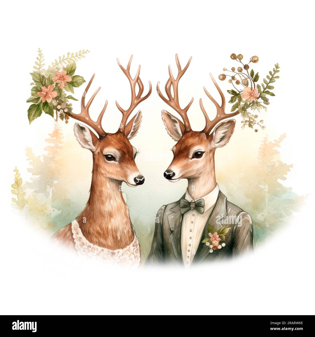 Aquarell-Hirsch-Paar verliebt. Handbemalte Karte mit Feen- und Waldgrafik auf weißem Hintergrund isoliert. Vintage-Style-Illustration. Stockfoto
