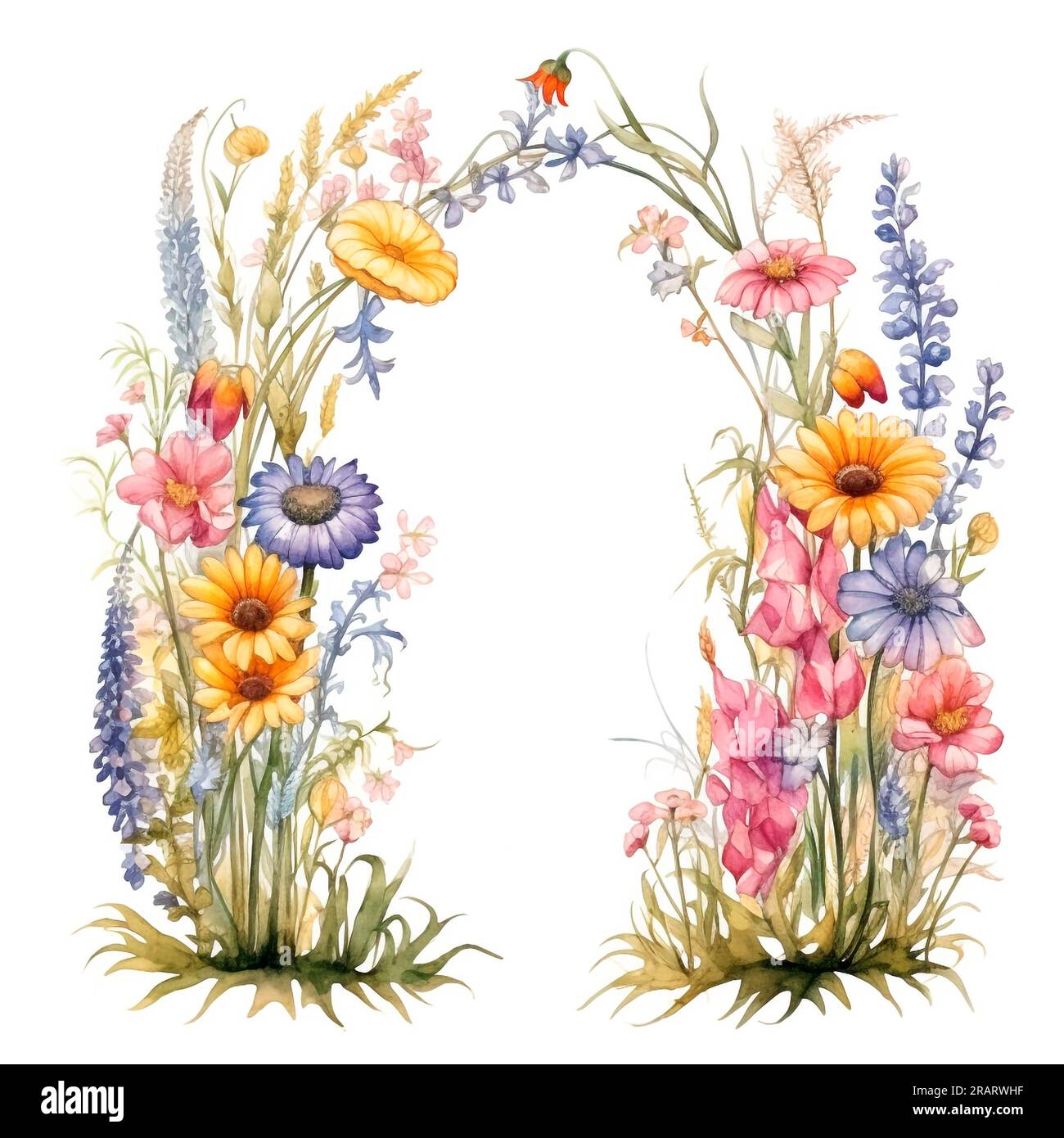 Ovaler Wildblumenrahmen. Aquarell Blumenkranz aus sommerlichen bunten Blumen und grünem Laub. Karte mit Platz für Text Stockfoto