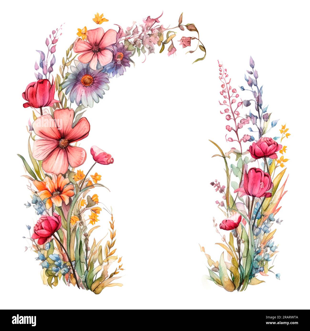 Ovaler Wildblumenrahmen. Aquarell Blumenkranz aus sommerlichen bunten Blumen und grünem Laub. Karte mit Platz für Text Stockfoto