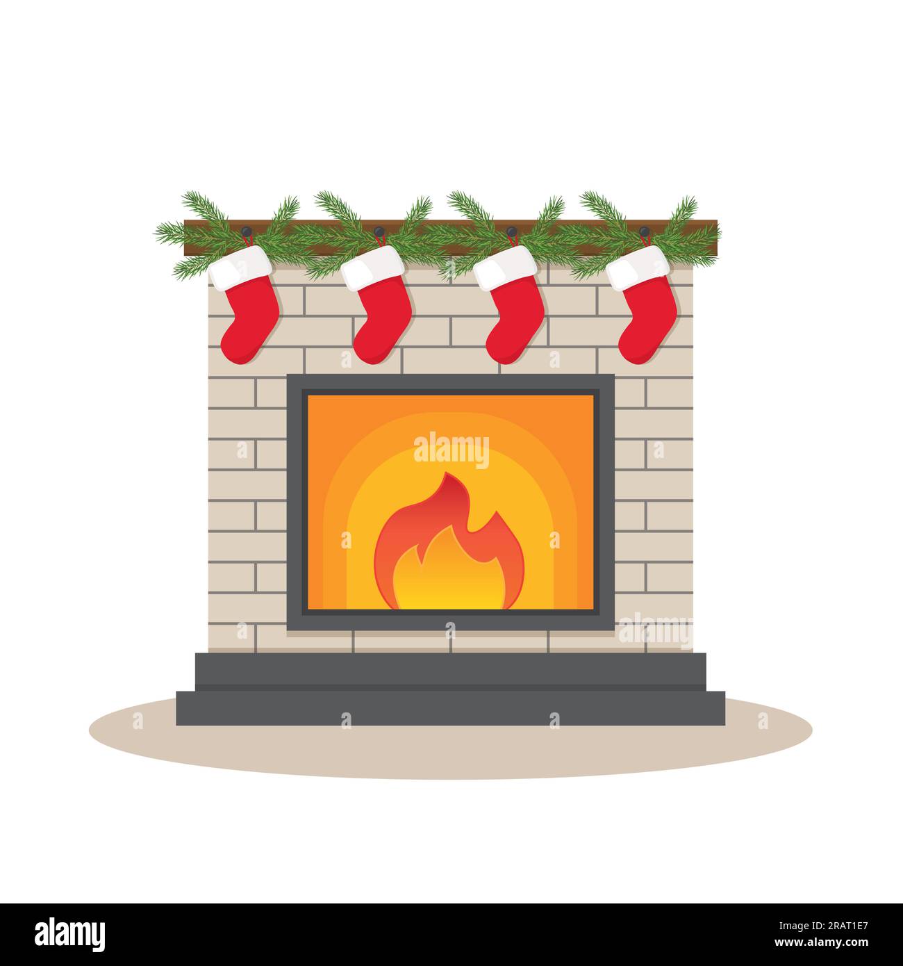 weihnachtsstrumpf am Kamin, dekoriert mit Tannenbaum - Vektorbild Stock Vektor