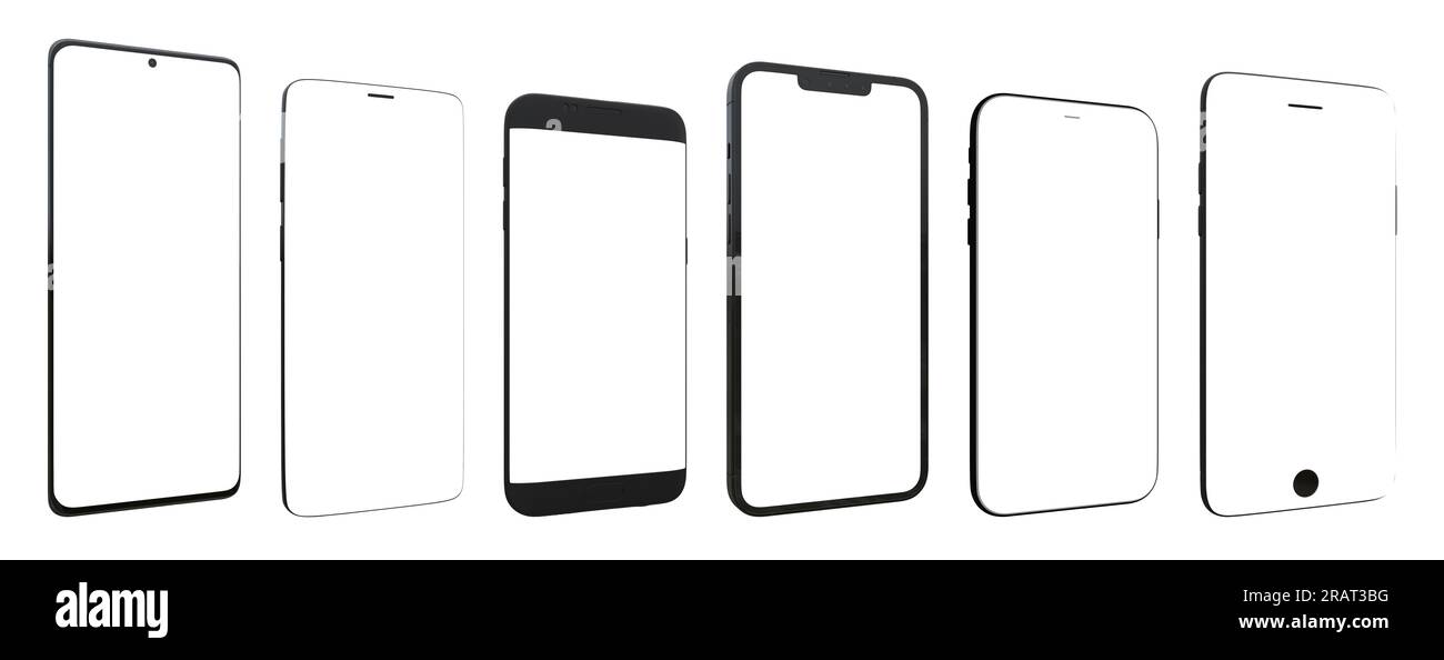 Verschiedene Modelle moderner Smartphones mit transparentem Bildschirm. 3D-Rendern Stockfoto