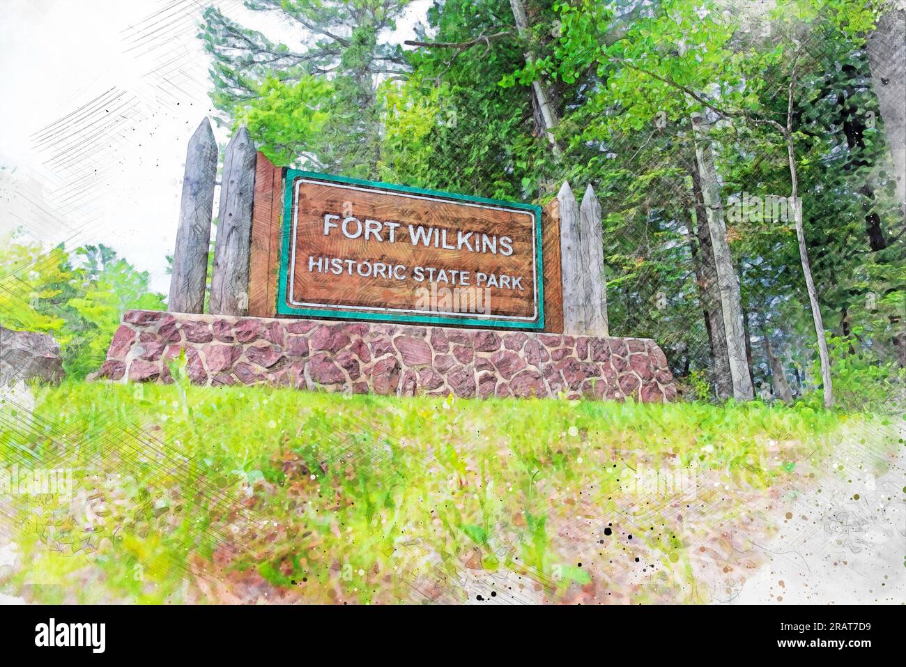 Cooper Harbor, MI - Juni 19 2022: Digital erstelltes Aquarellgemälde am Eingang zum Fort Wilkins Historic State Park Stockfoto