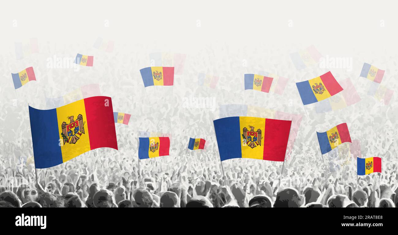 Abstrakte Menge mit der Flagge der Republik Moldau. Völker protestieren, revolutionieren, streiken und demonstrieren mit der Flagge der Republik Moldau. Vektordarstellung. Stock Vektor