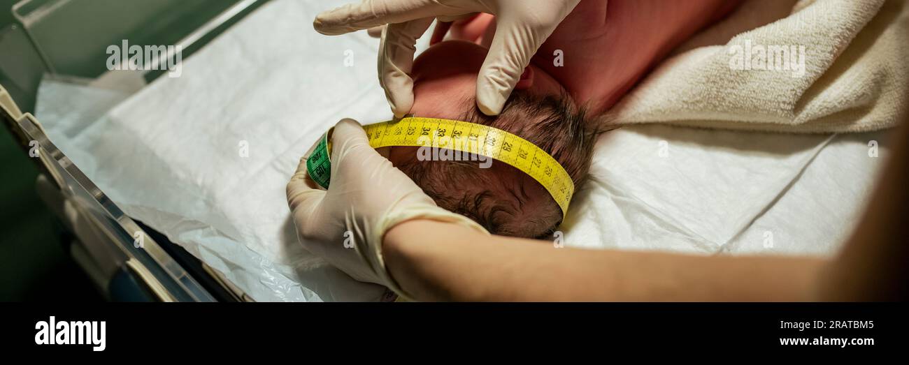 Nahaufnahme einer Krankenschwester zur Messung der Kopfbreite eines Neugeborenen im Rahmen der ersten medizinischen Untersuchung und Beurteilung eines Babys. Weitwinkelbild. Stockfoto