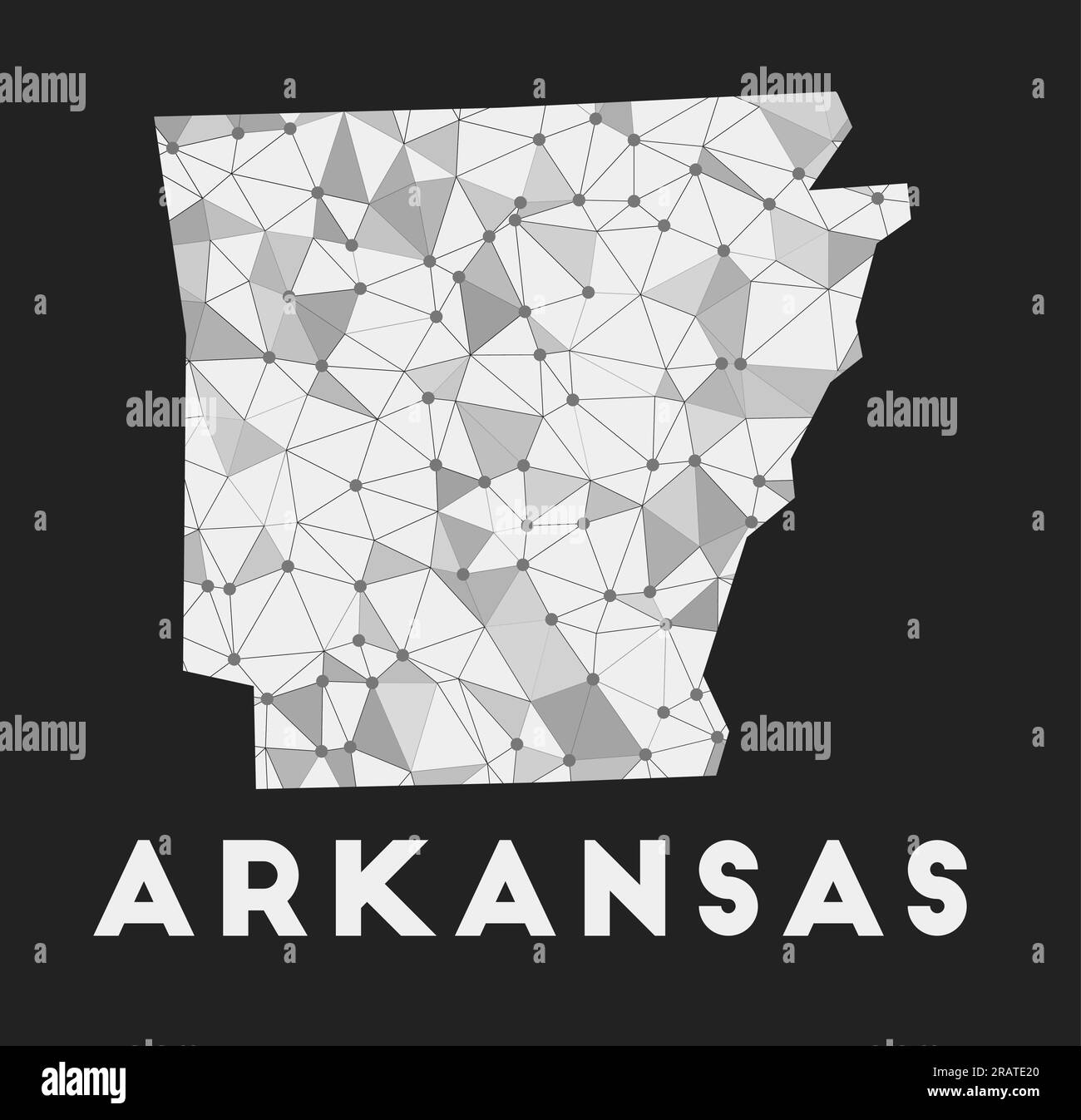 Arkansas – Karte des Kommunikationsnetzwerks des US-Bundesstaates. Trendiges geometrisches Design in Arkansas auf dunklem Hintergrund. Stock Vektor