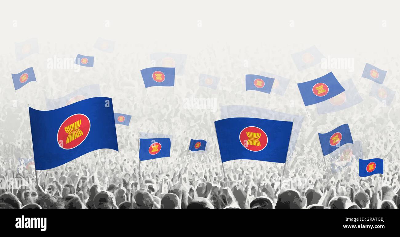 Abstrakte Menge mit ASEAN-Flagge. Völker protestieren, revolutionieren, streiken und demonstrieren mit der Flagge der ASEAN. Vektordarstellung. Stock Vektor