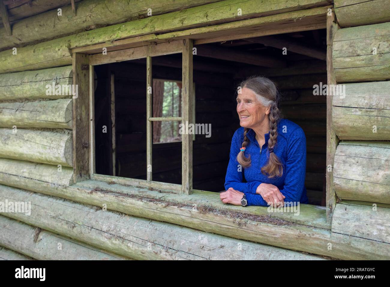 WA24532-00....WASHINGTON - Vicky Spring in Remanns Cabin entlang des Elwha River Trail im Olympic National Park. Stockfoto