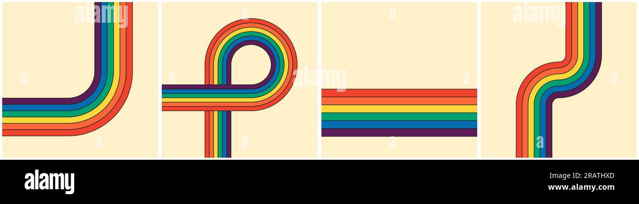 Trendige minimalistische Y2K-Poster mit bunten Kunstwerken. Retro-coole, regenbogenfarbene Streifenmuster. Geometrische Hippie-Regenbögen. Verschiedene abstrakte, stylische schillernde Streifen. Vektor Stock Vektor