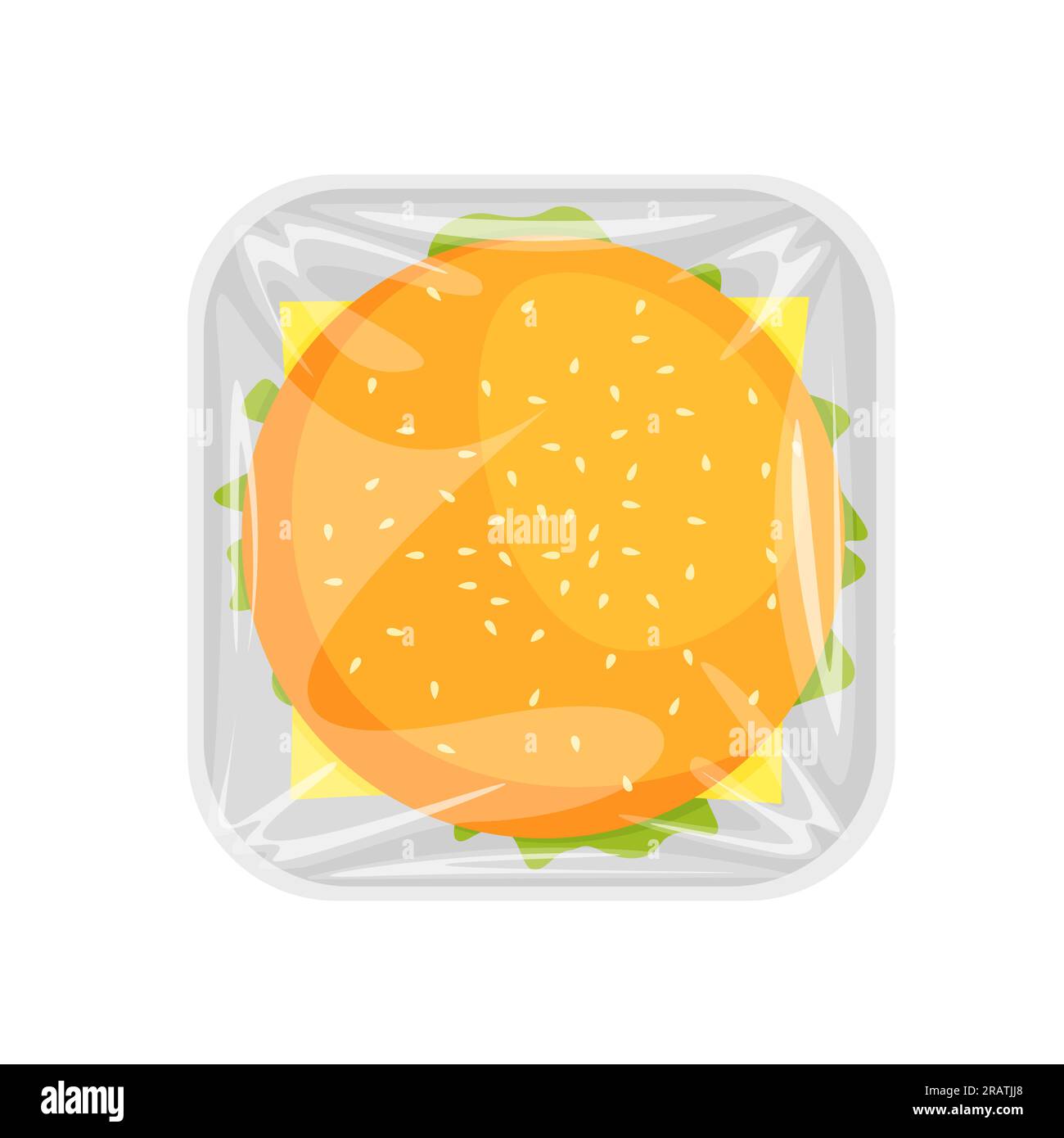 Hamburger in einem Kunststoffbehälter oder -Tablett mit Zellophan-Abdeckung. Burger, Draufsicht. Fast Food oder Junkfood. Vektordarstellung. Stock Vektor
